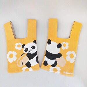 Lot Of 2 Panda Knitted Tote Hand Mini Bag Yellow Kawaii Travel Casual Whimsical